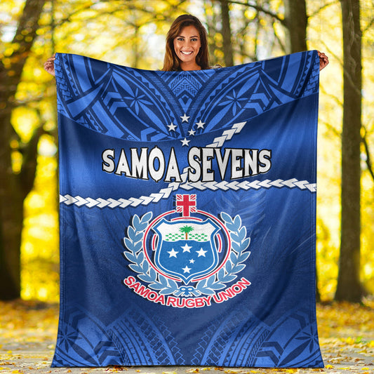 Samoa Rugby Premium Blanket Manu Samoa Polynesian Hibiscus Blue Style Ver.02