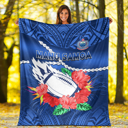 Samoa Rugby Premium Blanket Manu Samoa Polynesian Hibiscus Blue Style