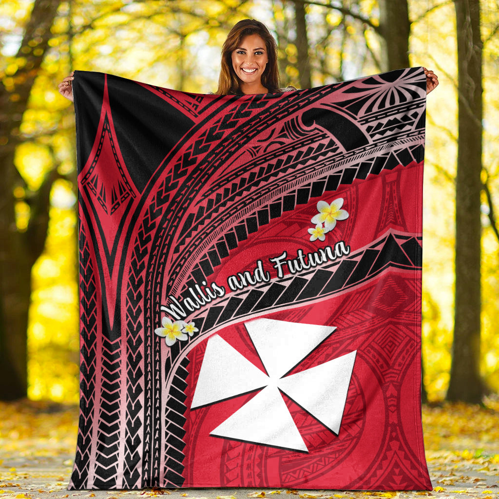 Wallis And Futuna Premium Blanket Plumeria Flowers With Red Polynesian Pattern