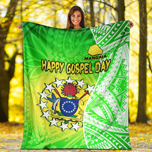 Happy Mangaia Gospel Day Premium Blanket Cook Islands Coat Of Arms Polynesian Pattern