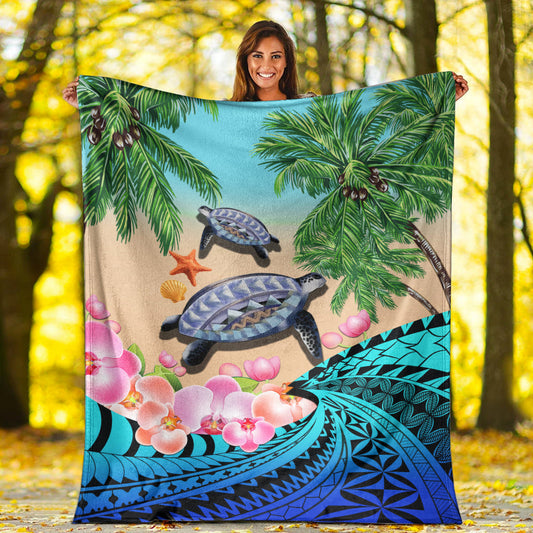 Polynesian Turtle Coconut Tree And Orchids Premium Blanket