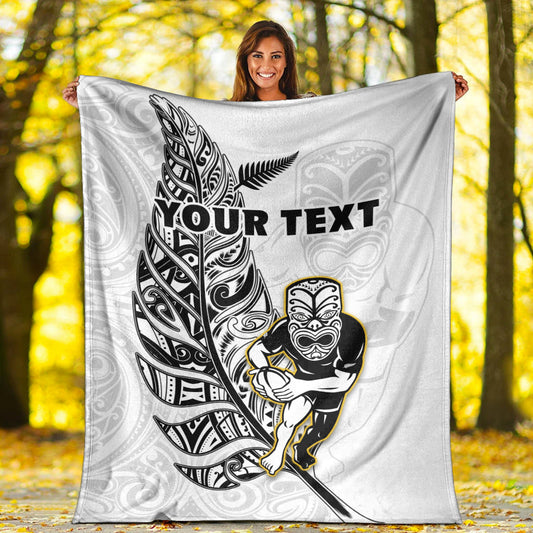 Custom Personalised New Zealand Silver Fern Rugby Premium Blanket All Black Maori Version White