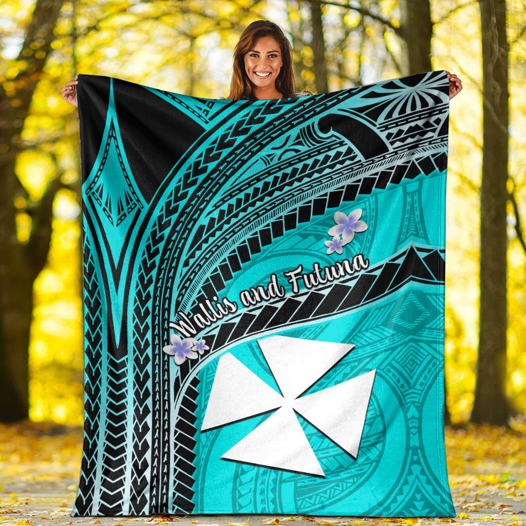 Wallis And Futuna Premium Blanket Plumeria Flowers With Turquoise Polynesian Pattern