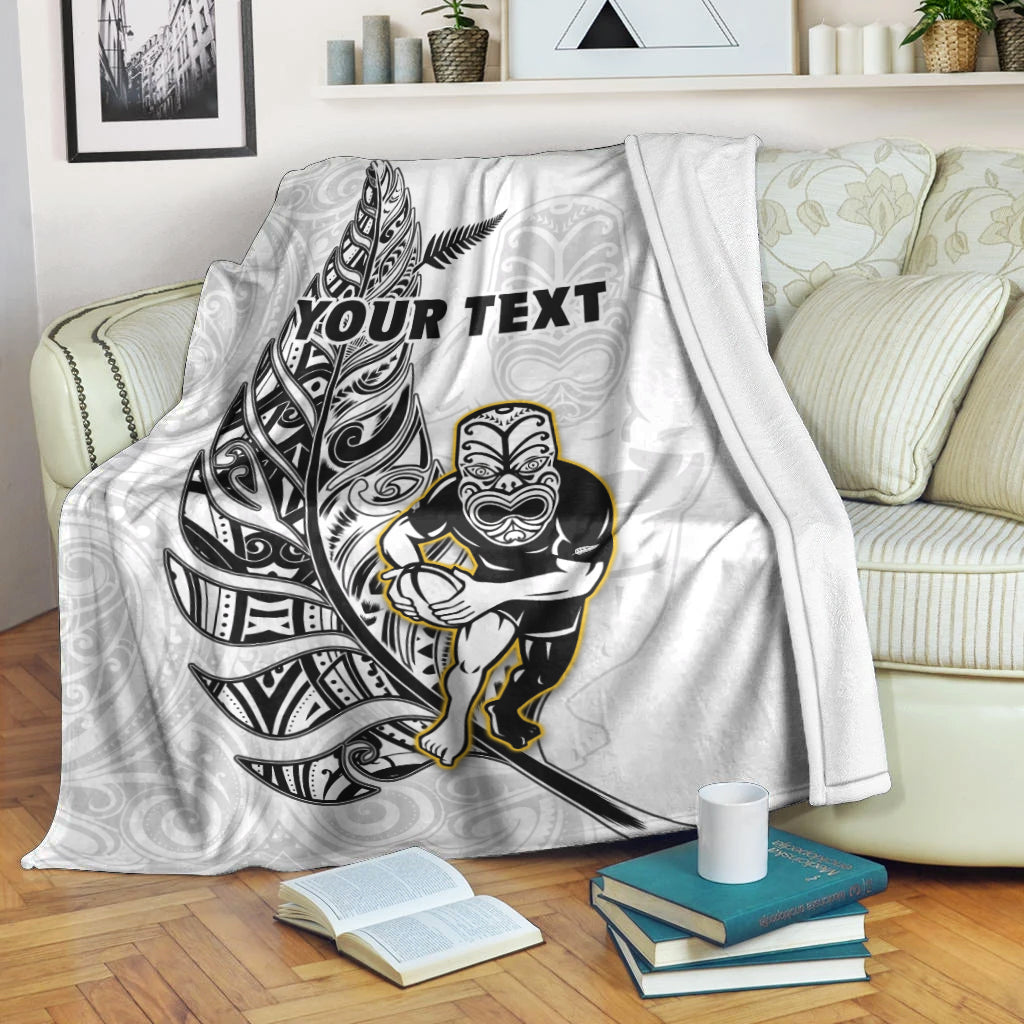 Custom Personalised New Zealand Silver Fern Rugby Premium Blanket All Black Maori Version White
