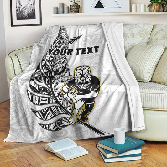 Custom Personalised New Zealand Silver Fern Rugby Premium Blanket All Black Maori Version White