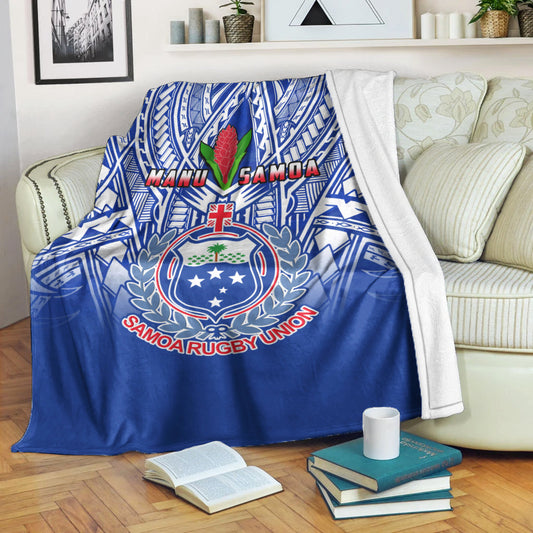 Samoa Rugby Premium Blanket Manu Samoa 7s Ginger Blue Polynesian