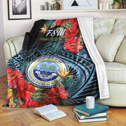 Federated States of Micronesia Premium Blanket Hibiscus Flowers FSM Seal Polynesian