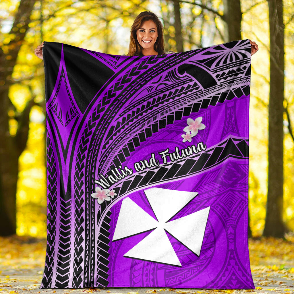 Wallis And Futuna Premium Blanket Plumeria Flowers With Purple Polynesian Pattern