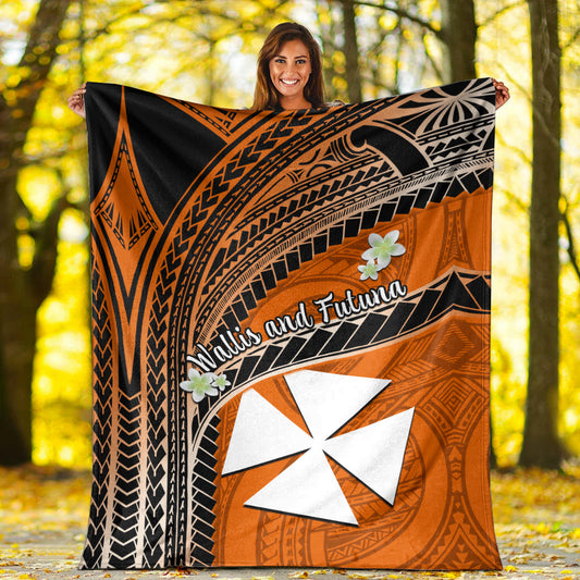 Wallis And Futuna Premium Blanket Plumeria Flowers With Orange Polynesian Pattern