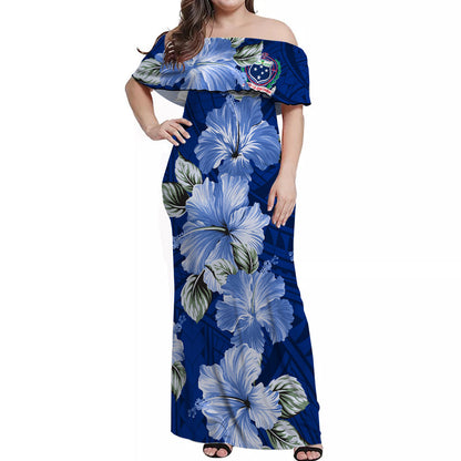 Samoa Off Shoulder Long Dress Hibiscus Unique Style Blue