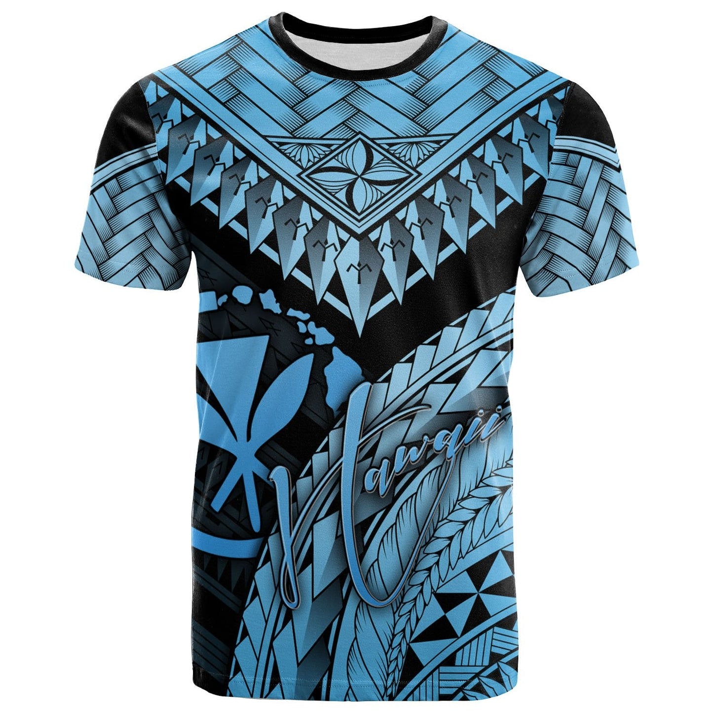 Hawaii Polynesian T Shirt Blue Polynesian Necklace and Lauhala