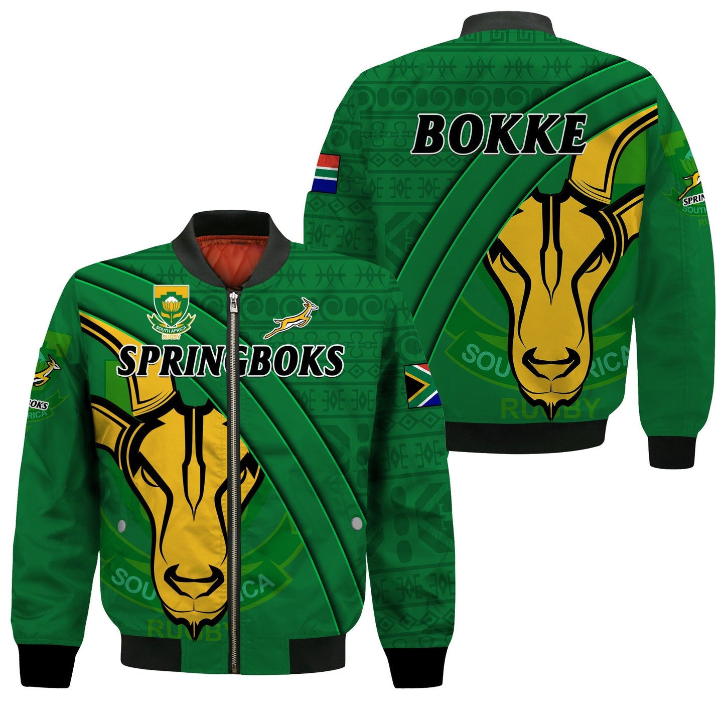 South Africa Rugby Bomber Jacket Bokke Springbok With African Pattern Stronger Together