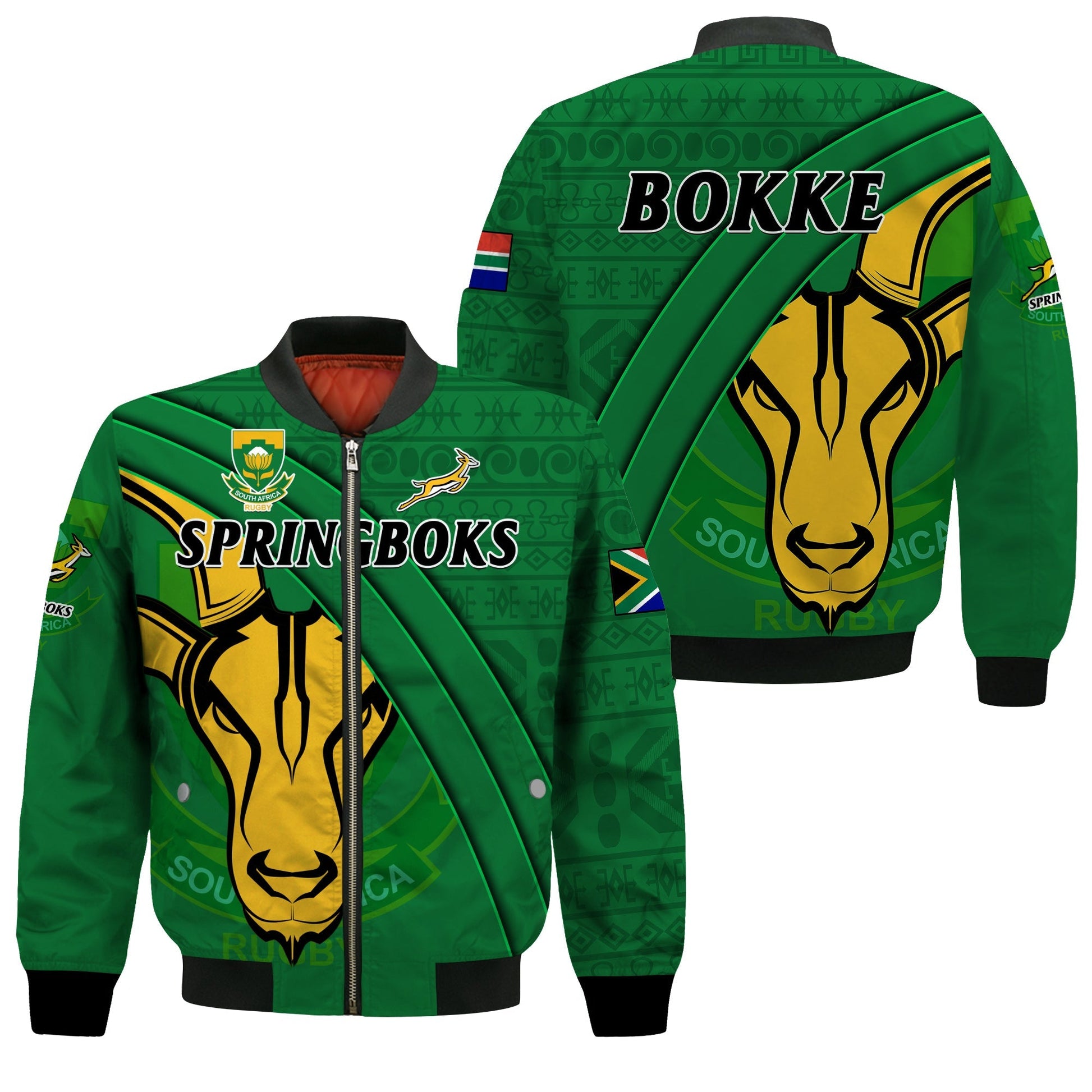 South Africa Rugby Bomber Jacket Bokke Springbok With African Pattern Stronger Together