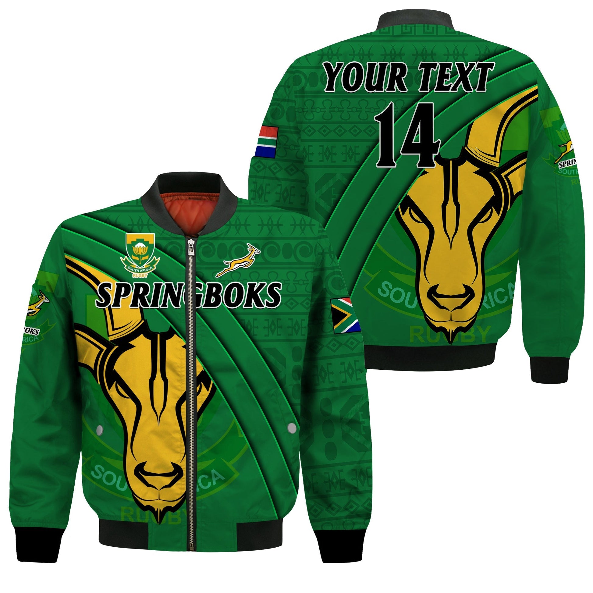 (Custom Text And Number) South Africa Rugby Bomber Jacket Bokke Springbok With African Pattern Stronger Together