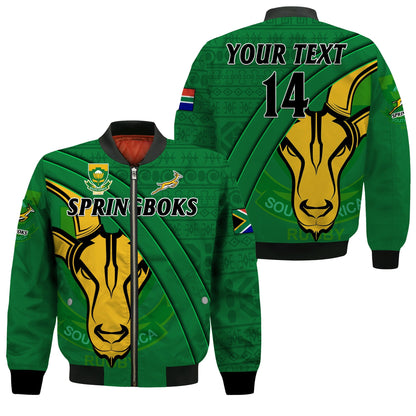 (Custom Text And Number) South Africa Rugby Bomber Jacket Bokke Springbok With African Pattern Stronger Together