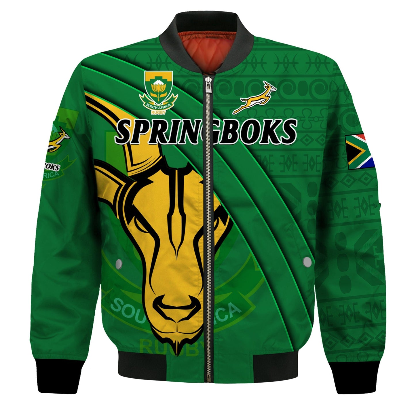 (Custom Text And Number) South Africa Rugby Bomber Jacket Bokke Springbok With African Pattern Stronger Together