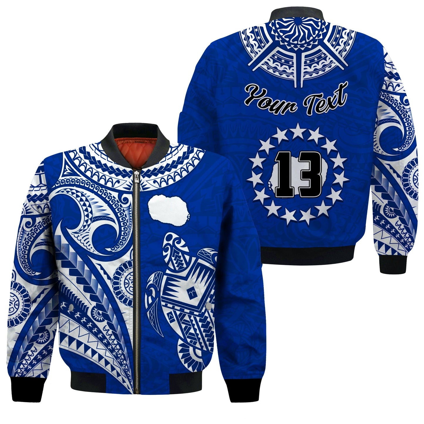 (Custom Text and Number) Rarotonga Cook Islands Bomber Jacket Turtle and Map Style Blue