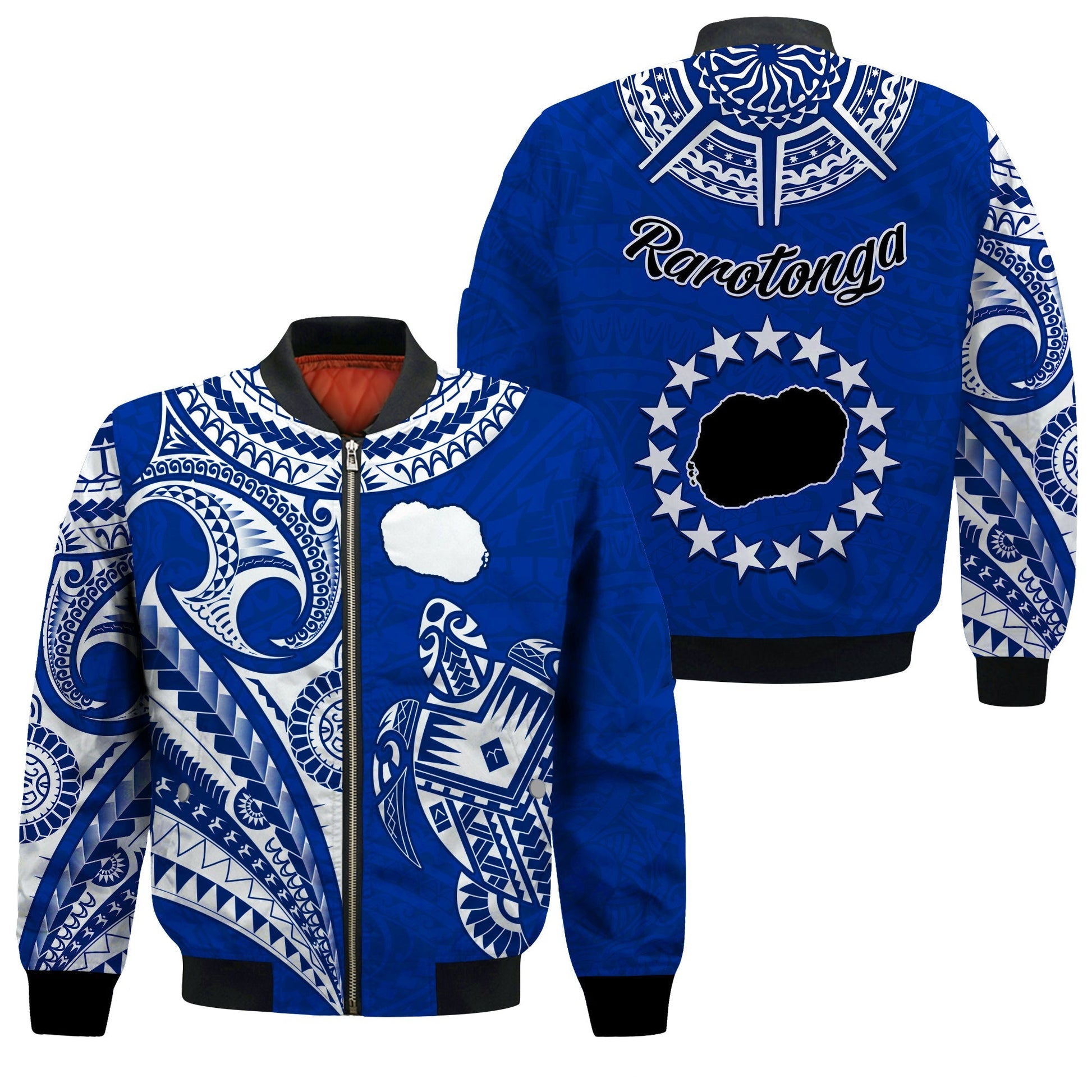 Rarotonga Cook Islands Bomber Jacket Turtle and Map Style Blue