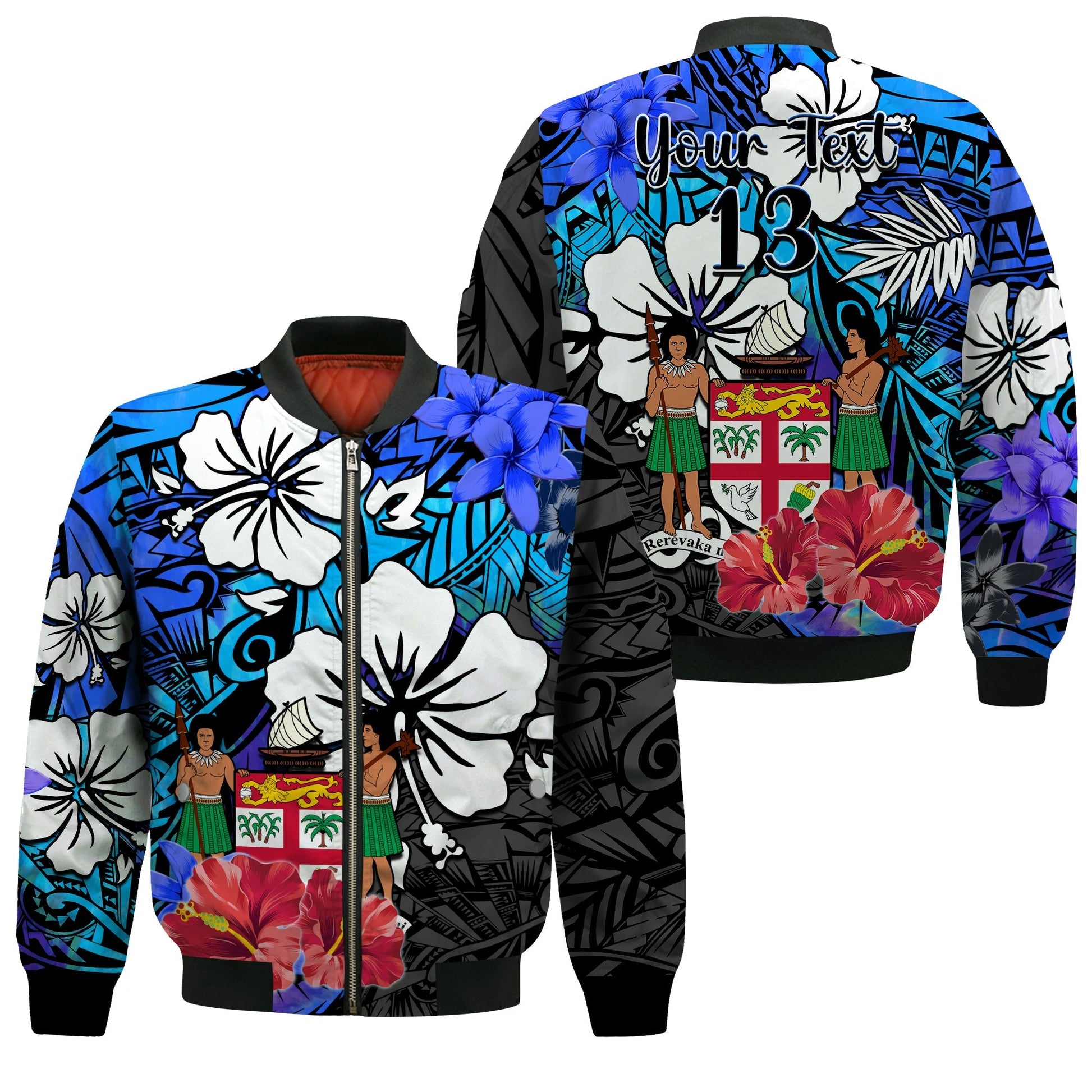 (Custom Text and Number) Fiji Tie Dye Bomber Jacket Polynesian Blue Tribal Creative Tropical Flowers