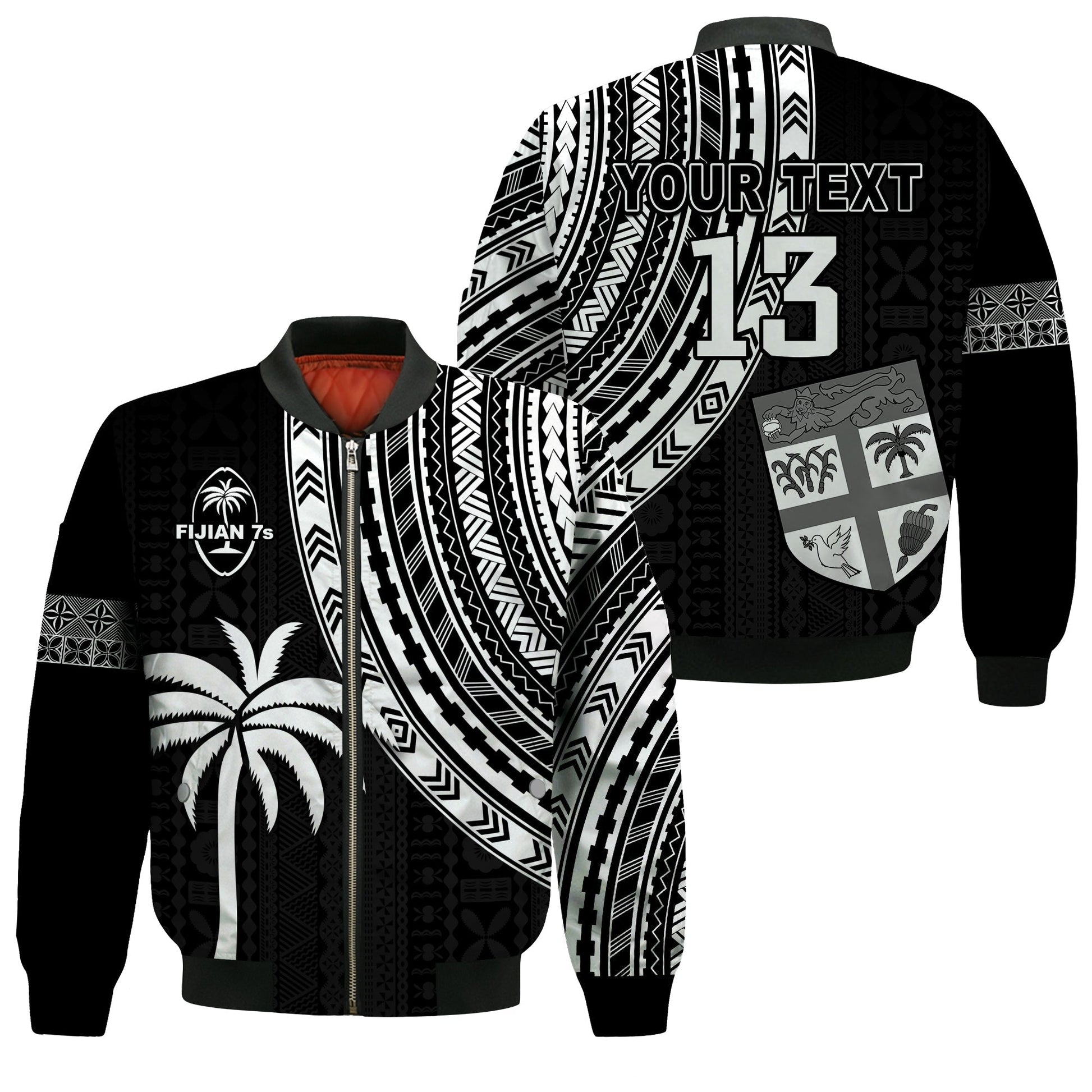 (Custom Text and Number) Fiji Rugby Sevens Bomber Jacket Fijian 7s Tapa Polynesian
