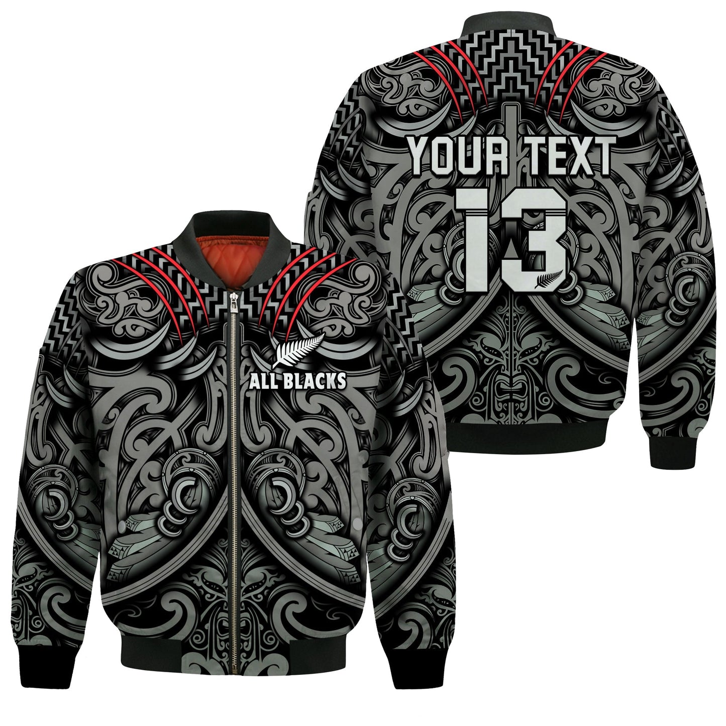 (Custom Text and Number) New Zealand Silver Fern Rugby Bomber Jacket All Black NZ Maori Pattern