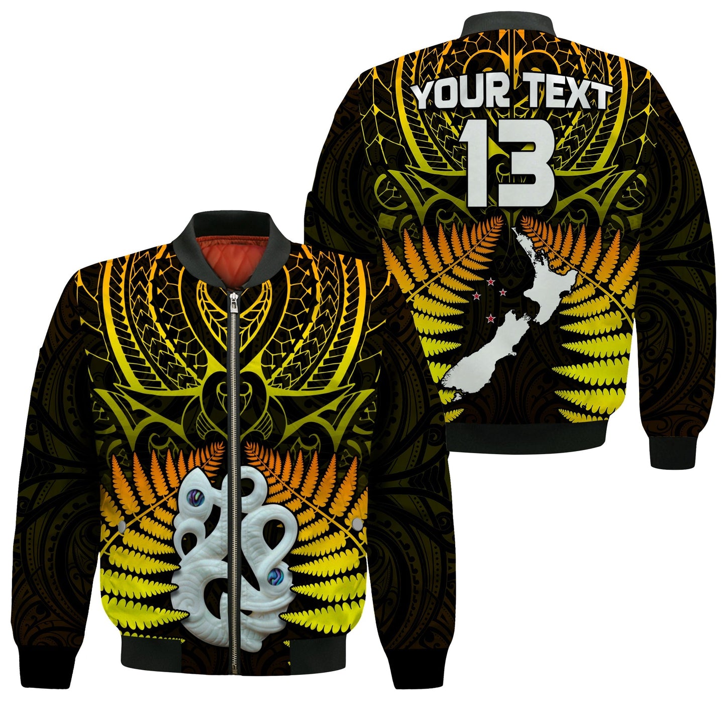 (Custom Text and Number) Aotearoa Fern Bomber Jacket New Zealand Hei Tiki Gold Style