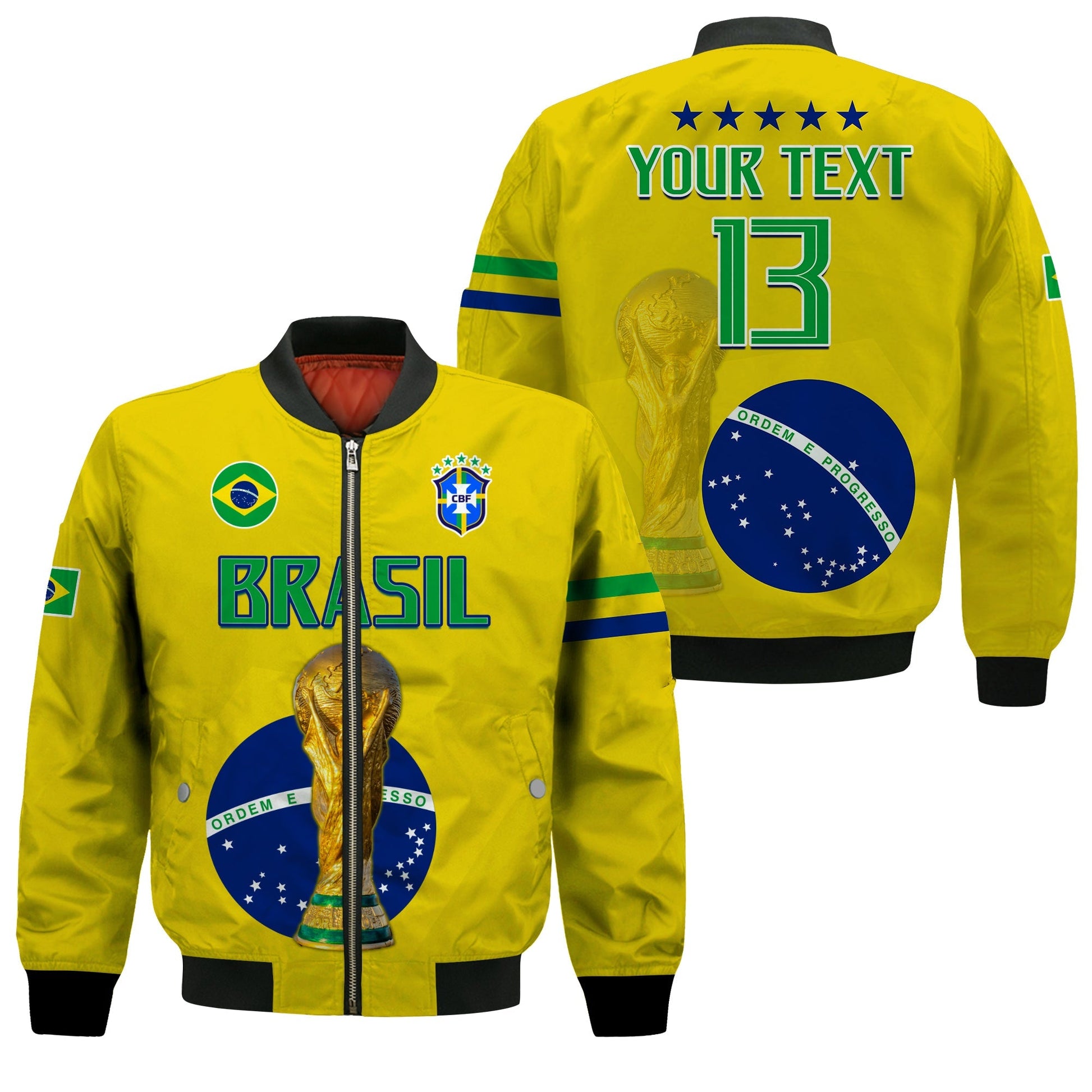 (Custom Text and Number) Brazil Football Bomber Jacket Go Champions Selecao Campeao