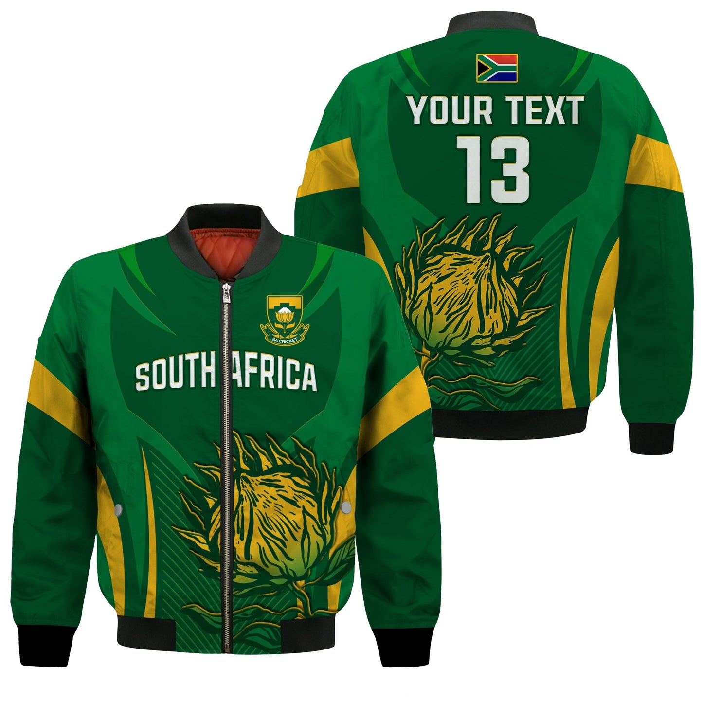 (Custom Text and Number) South Africa Cricket Bomber Jacket Proteas Champion