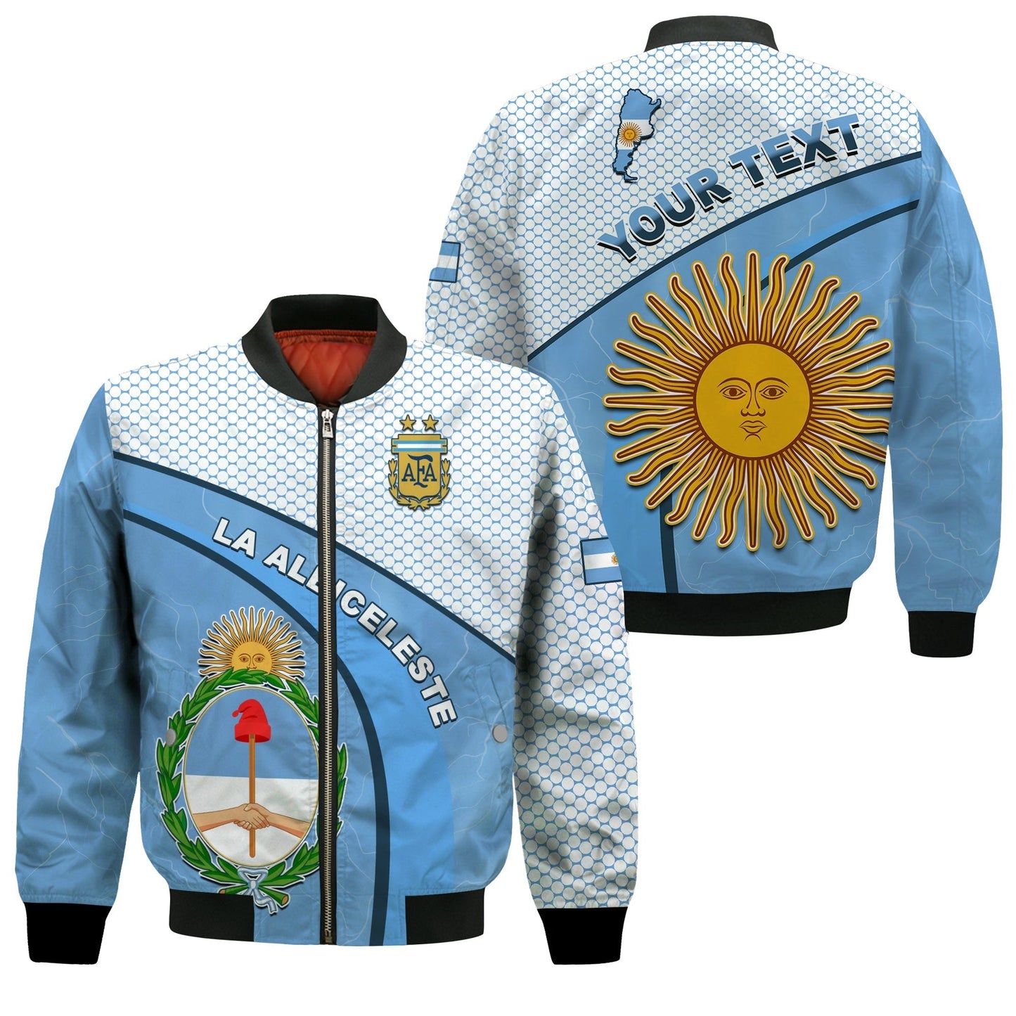 (Custom Personalised) Argentina Football 2022 Bomber Jacket Champions Blue Sky May Sun