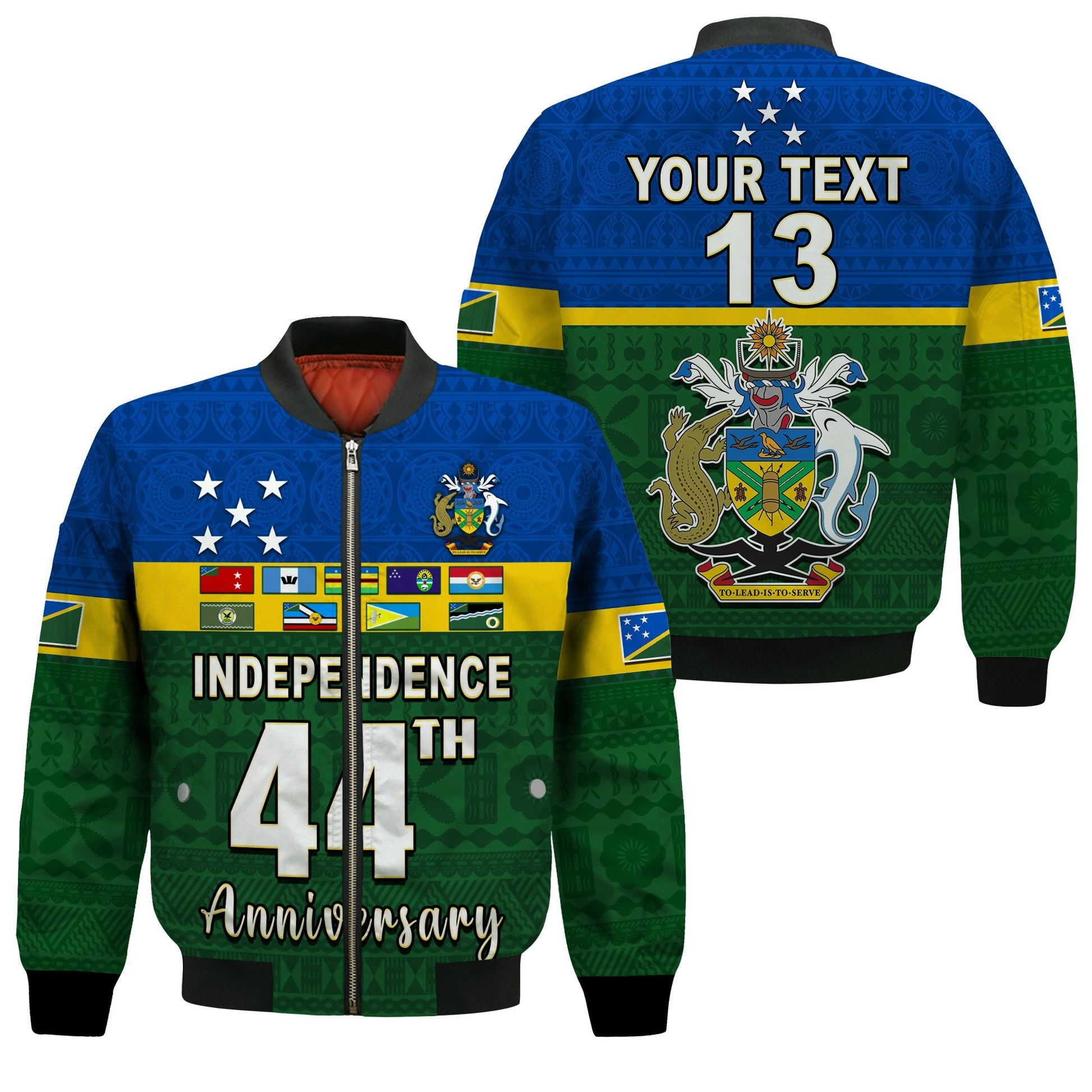(Custom Text and Number) Solomon Islands National Day Bomber Jacket Independence Day Tapa Pattern