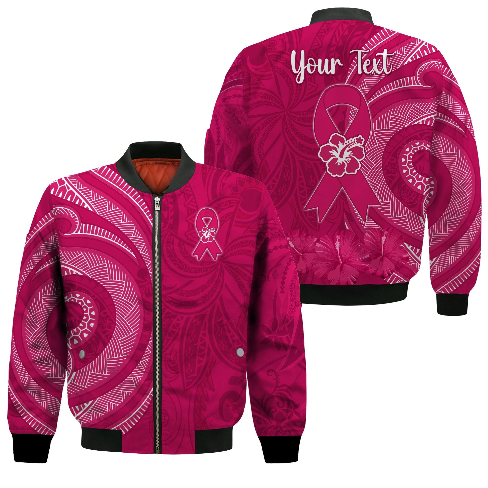 (Custom Personalised) Breast Cancer Awareness Bomber Jacket Hibiscus Polynesian No One Fights Alone