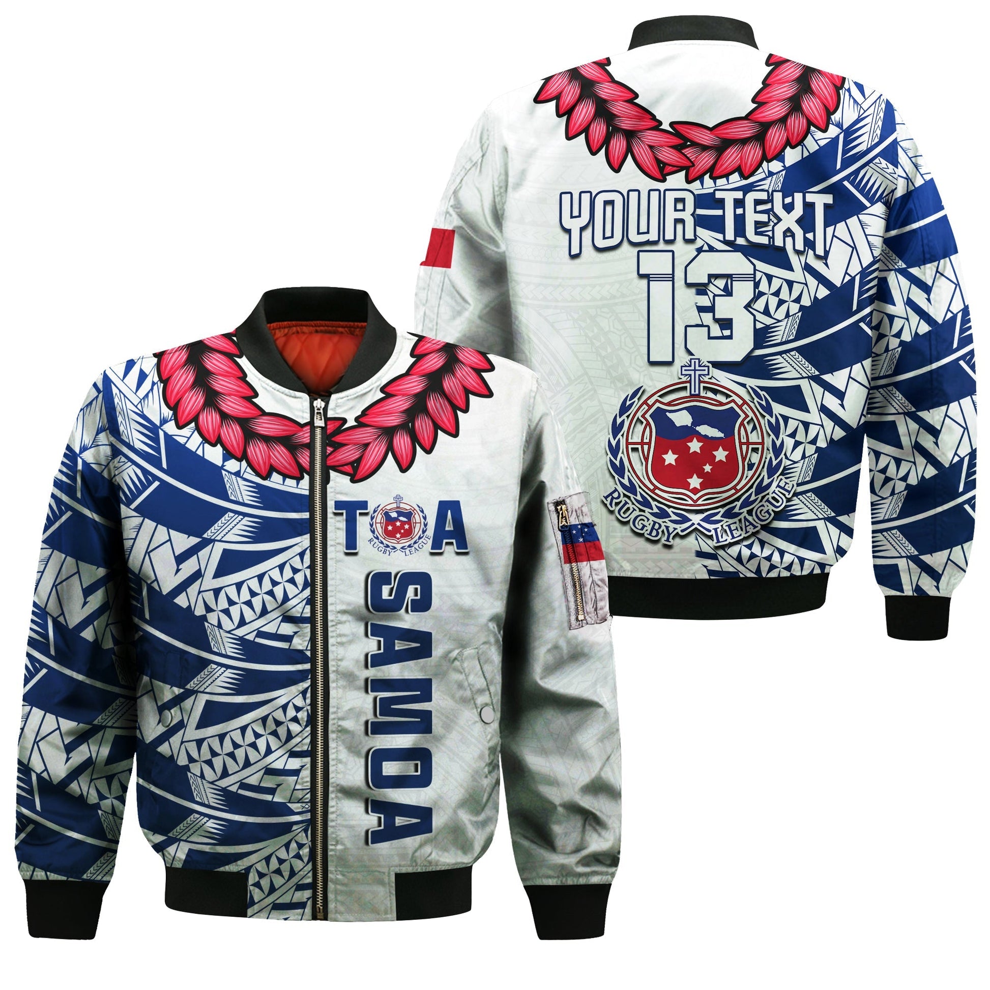 (Custom Text and Number) Toa Samoa Rugby Bomber Jacket Siamupini Ula Fala White
