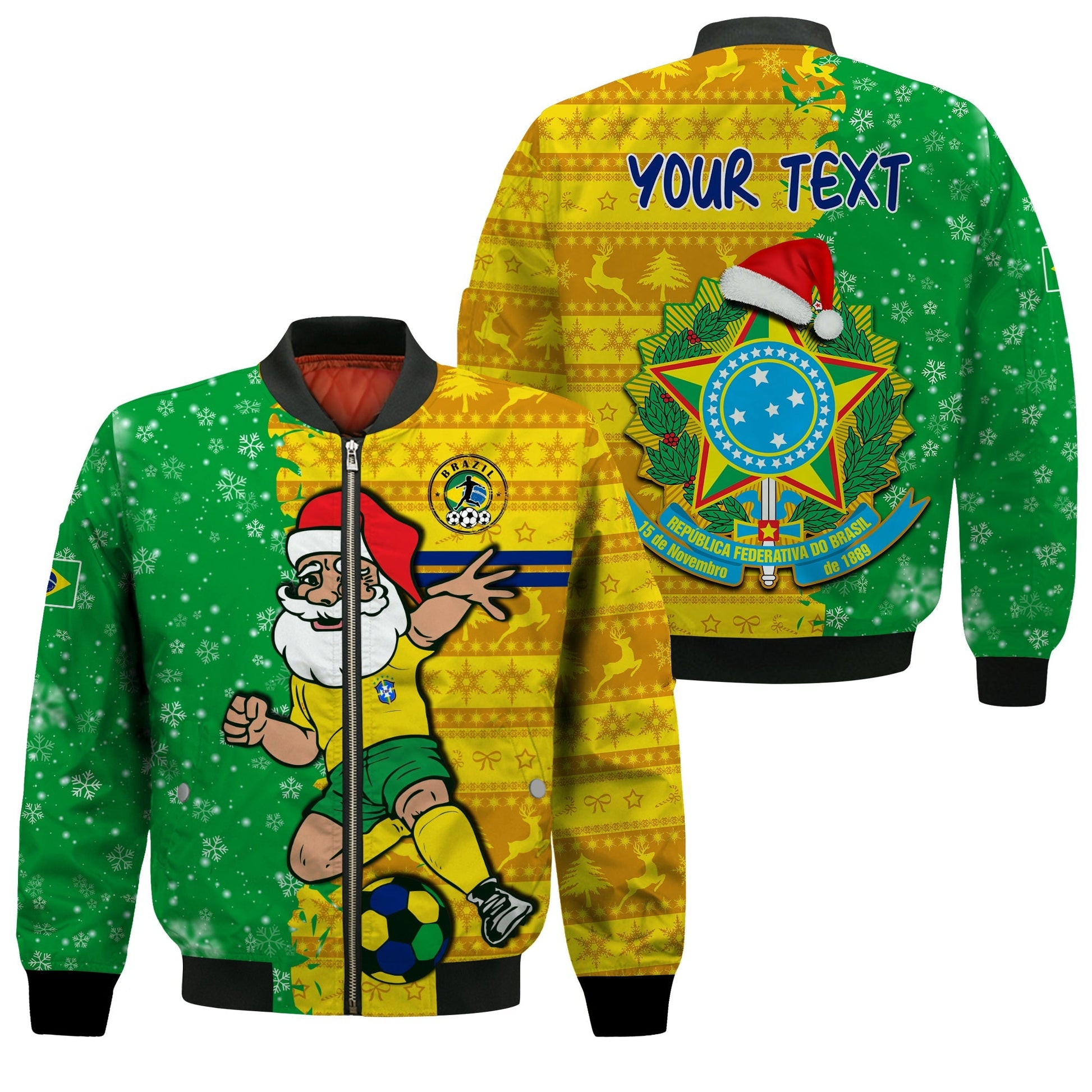 (Custom Personalised) Brazil Football Bomber Jacket Christmas Santa Claus Selecao Champions