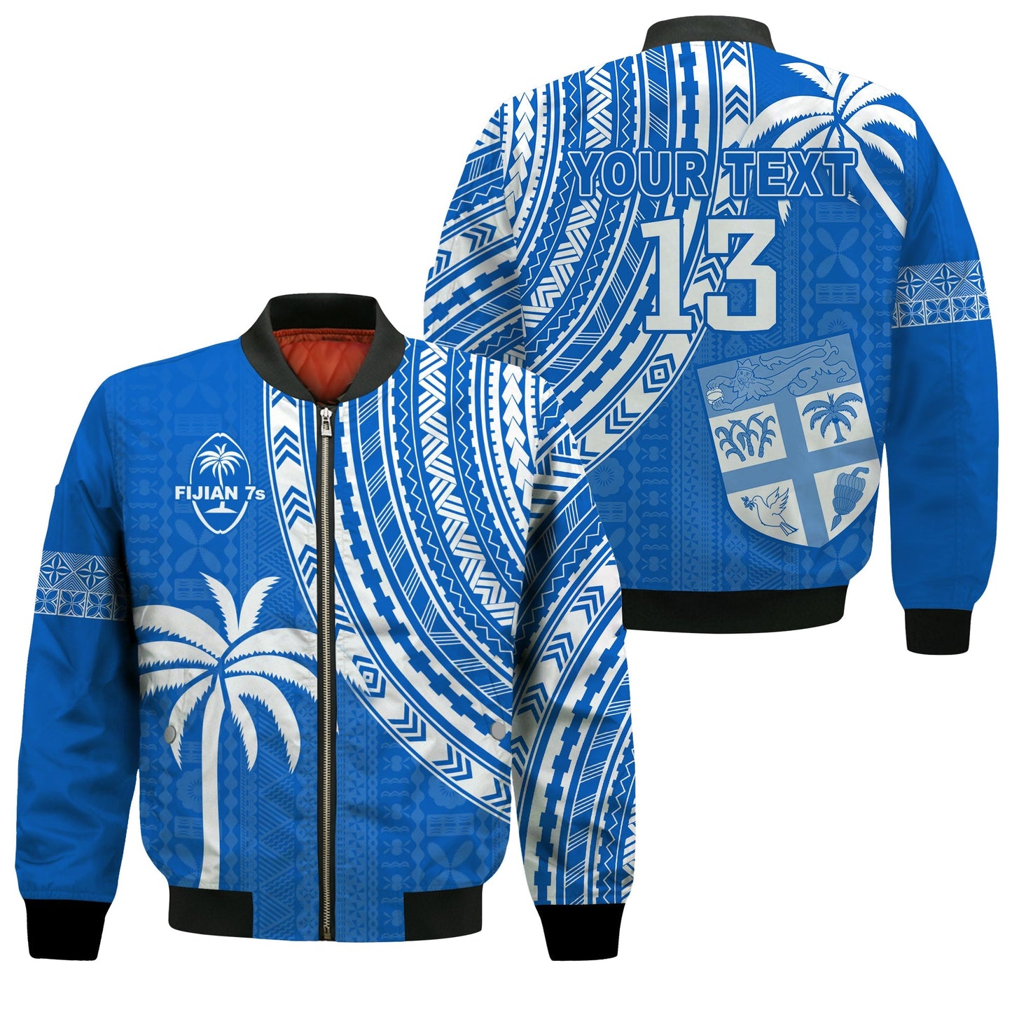 (Custom Text and Number) Fiji Rugby Sevens Bomber Jacket Fijian 7s Tapa Polynesian Blue Ver.01