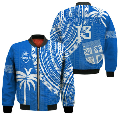 (Custom Text and Number) Fiji Rugby Sevens Bomber Jacket Fijian 7s Tapa Polynesian Blue Ver.01