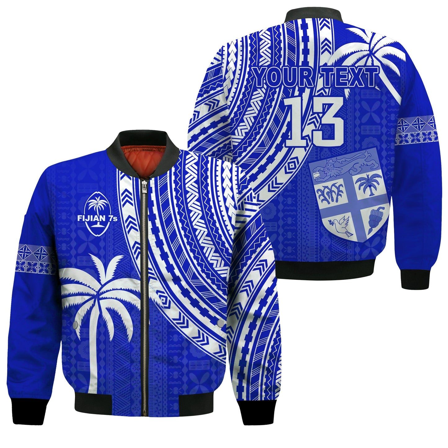 (Custom Text and Number) Fiji Rugby Sevens Bomber Jacket Fijian 7s Tapa Polynesian Blue Ver.02