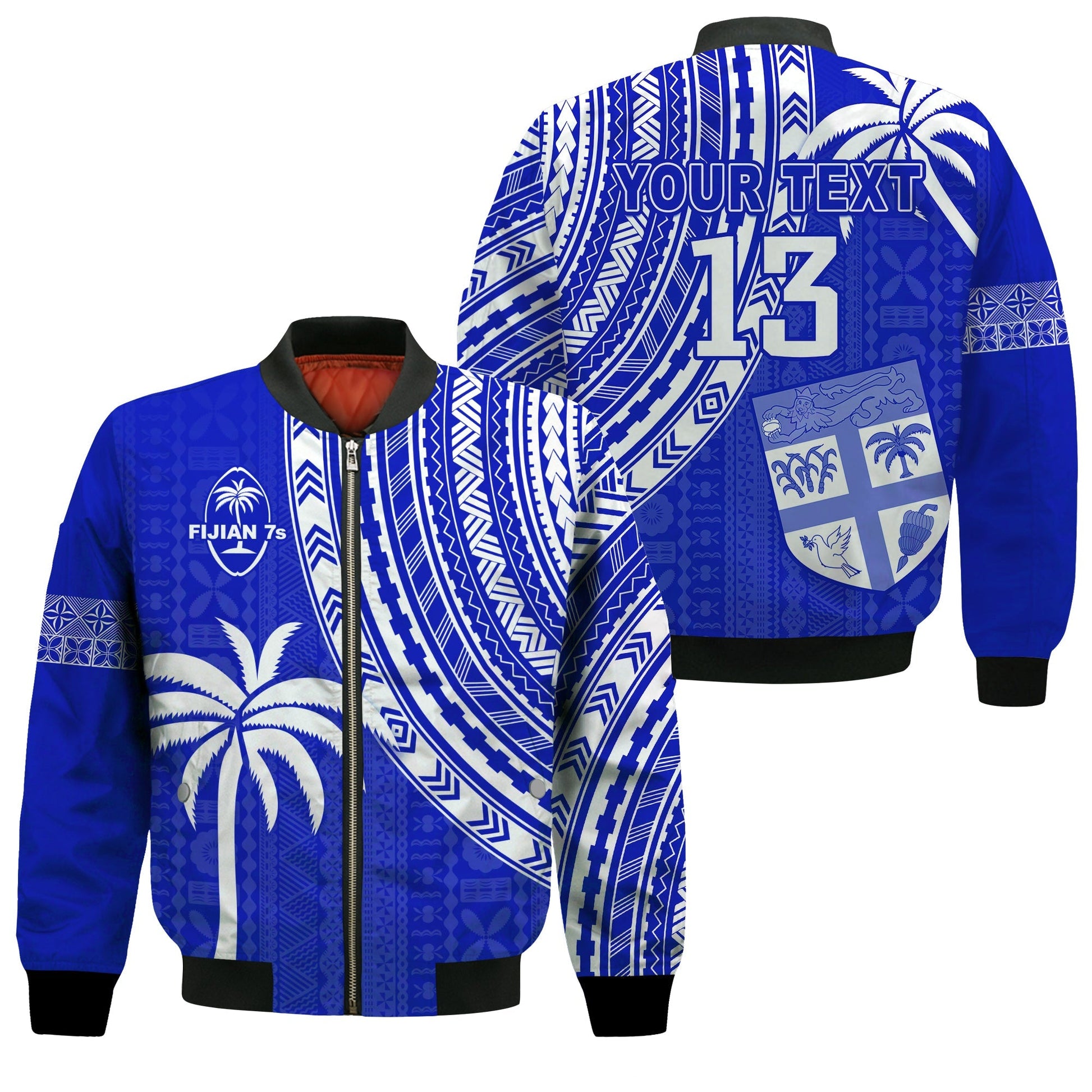 (Custom Text and Number) Fiji Rugby Sevens Bomber Jacket Fijian 7s Tapa Polynesian Blue Ver.02
