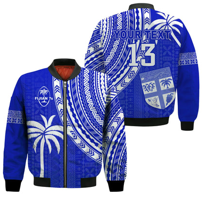 (Custom Text and Number) Fiji Rugby Sevens Bomber Jacket Fijian 7s Tapa Polynesian Blue Ver.02