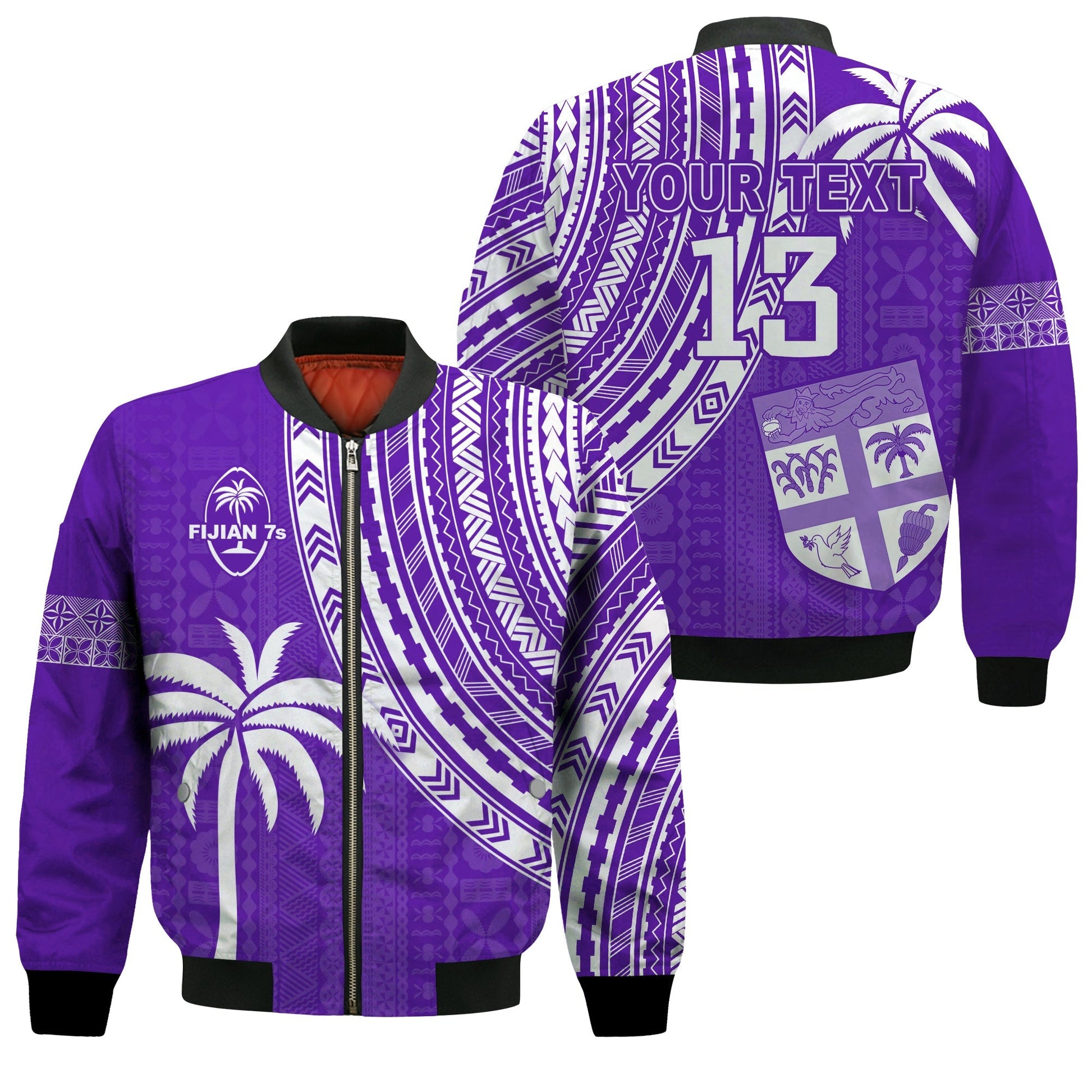 (Custom Text and Number) Fiji Rugby Sevens Bomber Jacket Fijian 7s Tapa Polynesian Purple