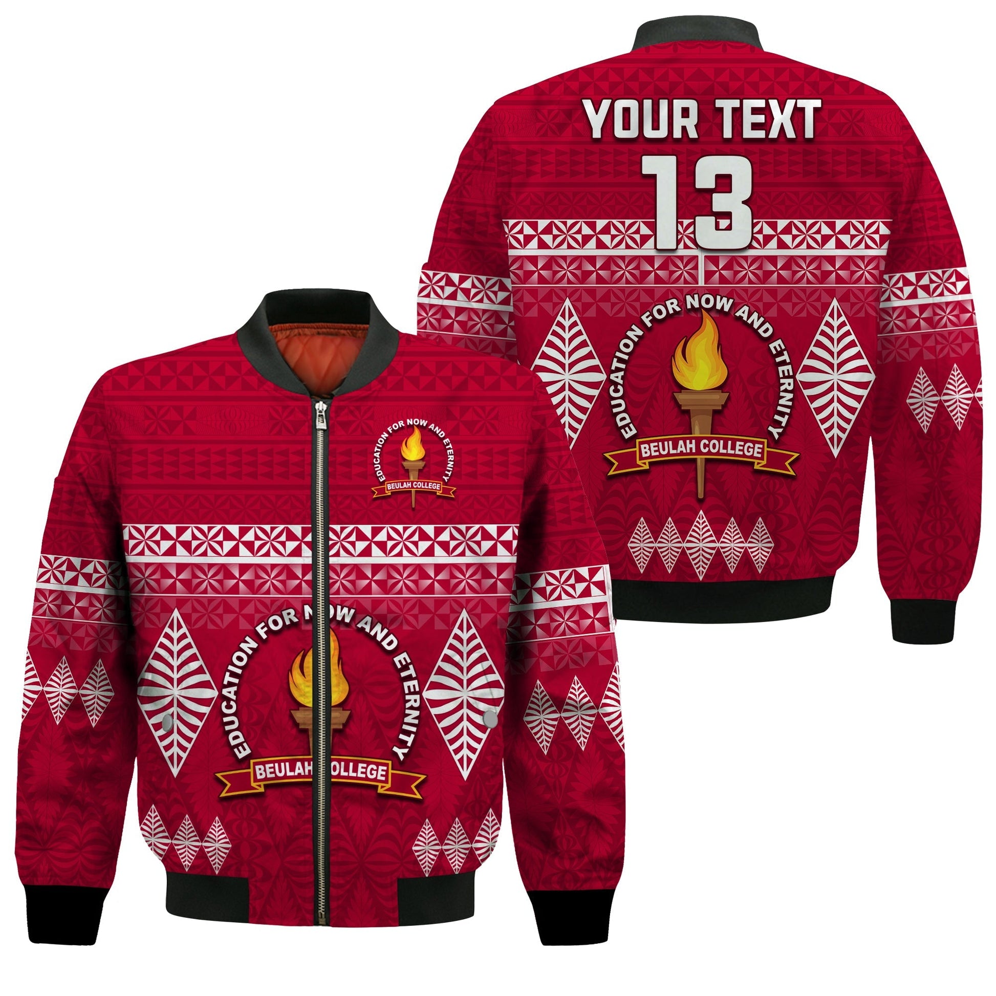 (Custom Text and Number) Beulah College Bomber Jacket Ngatu Pattern Tonga
