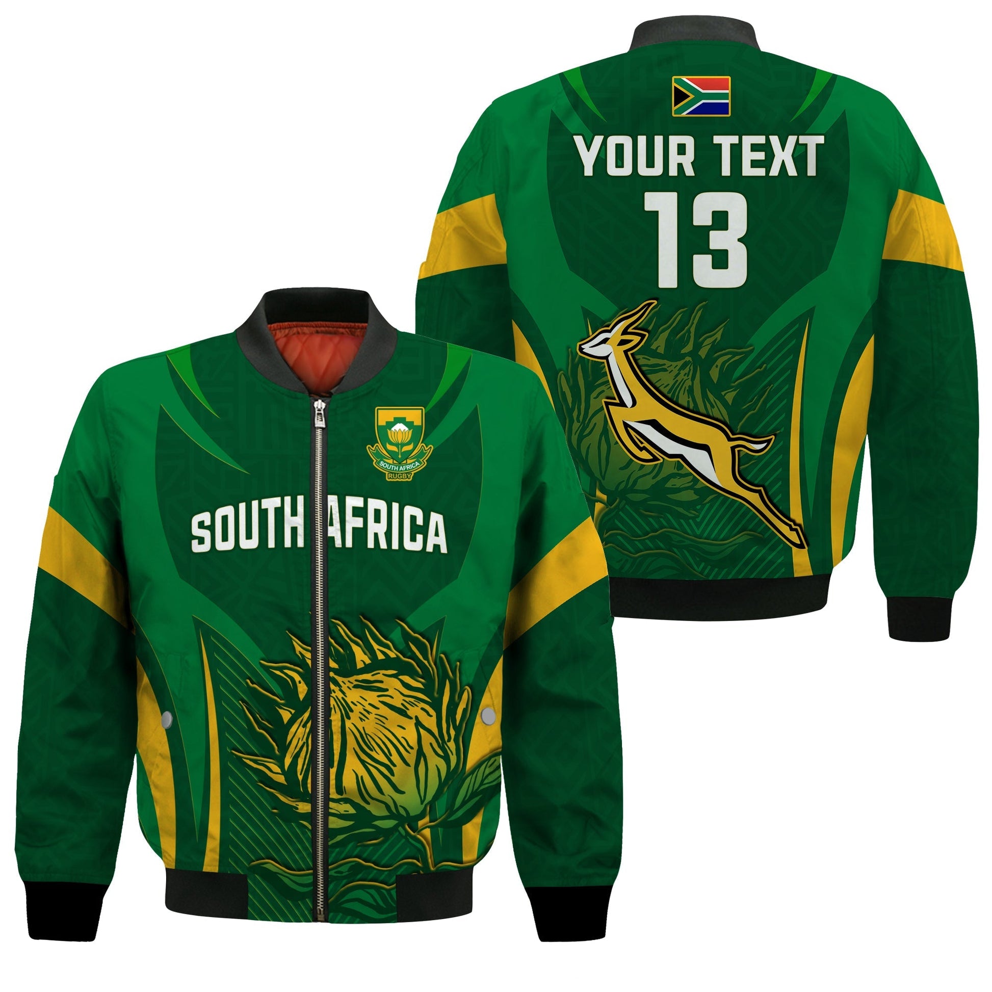 (Custom Text and Number) South Africa Rugby Bomber Jacket Springboks Champion