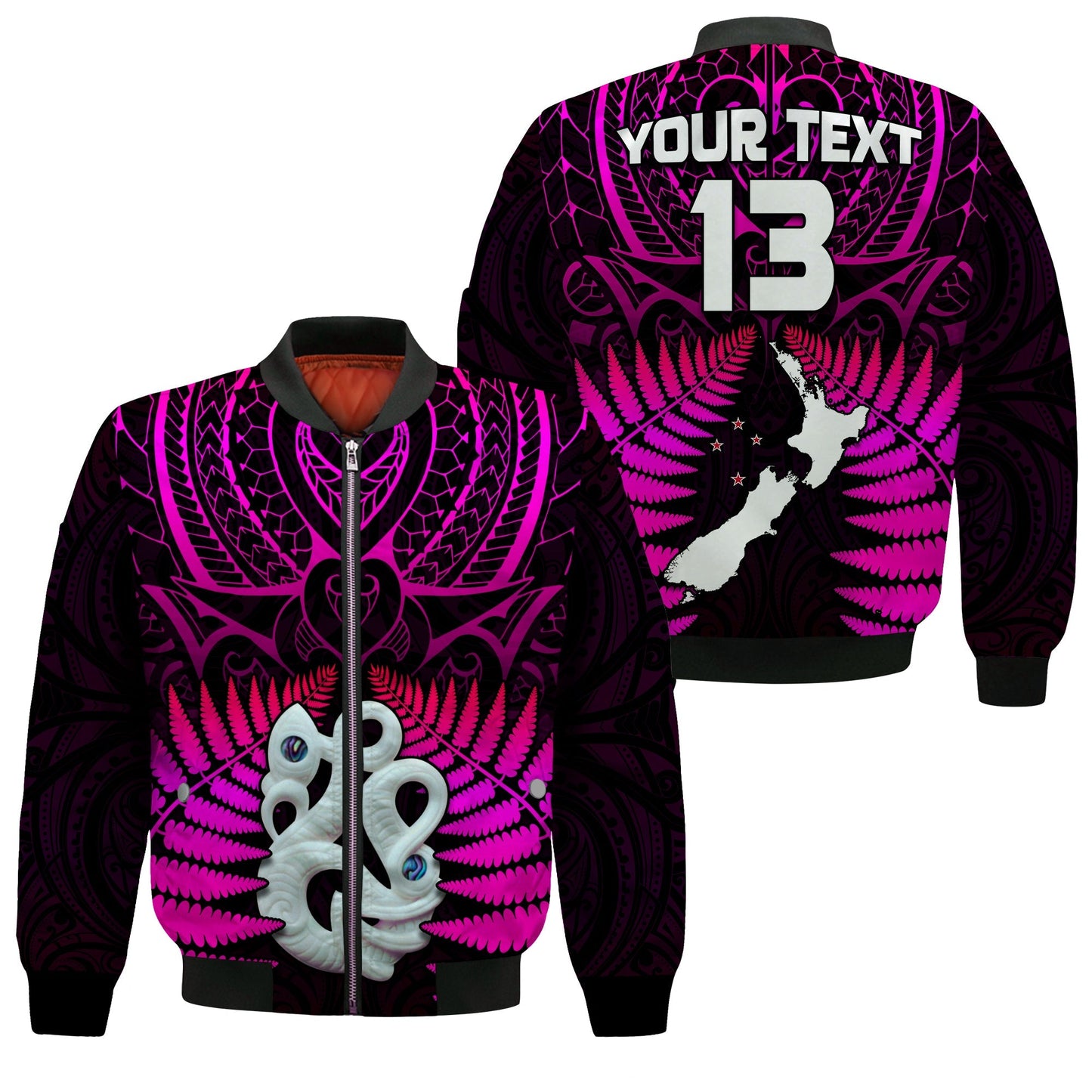 (Custom Text and Number) Aotearoa Fern Bomber Jacket New Zealand Hei Tiki Purple Style