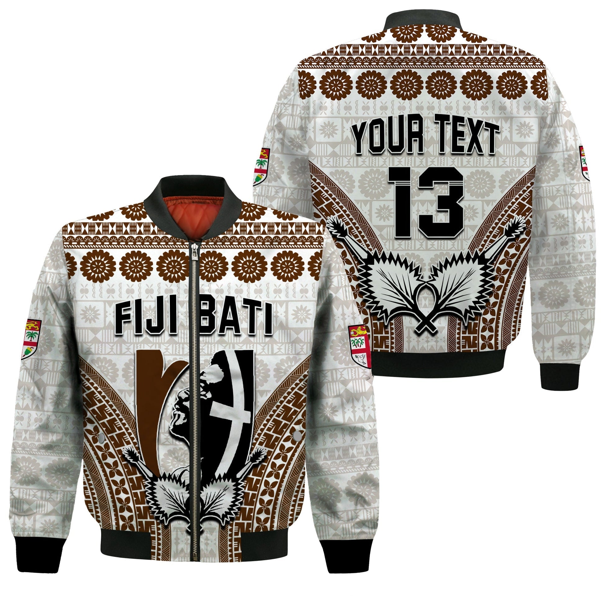 Custom Text and Number Fiji Rugby Bati Bomber Jacket Proud Tapa Pattern