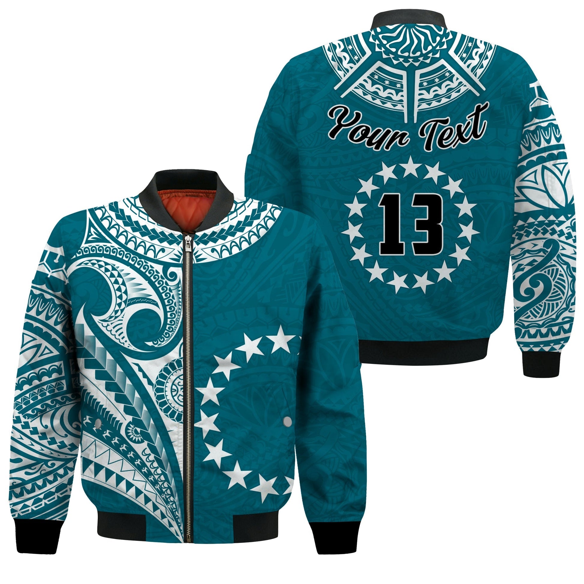 (Custom Text and Number) Cook Islands Tatau Bomber Jacket Symbolize Passion Stars Version Blue