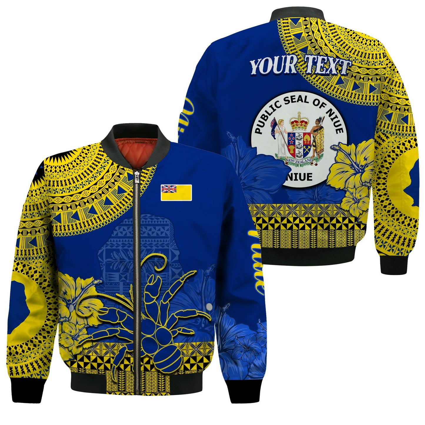 (Custom Personalised) Niue Hiapo Bomber Jacket Rock of Polynesia Tapa Niuean Crab Happy Day