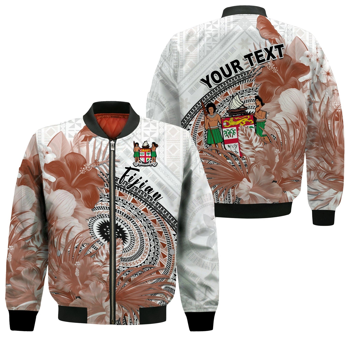 (Custom Personalised) Fiji Tapa Bomber Jacket White Fijian Masi Be Loved Hibiscus