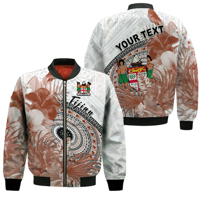 (Custom Personalised) Fiji Tapa Bomber Jacket White Fijian Masi Be Loved Hibiscus