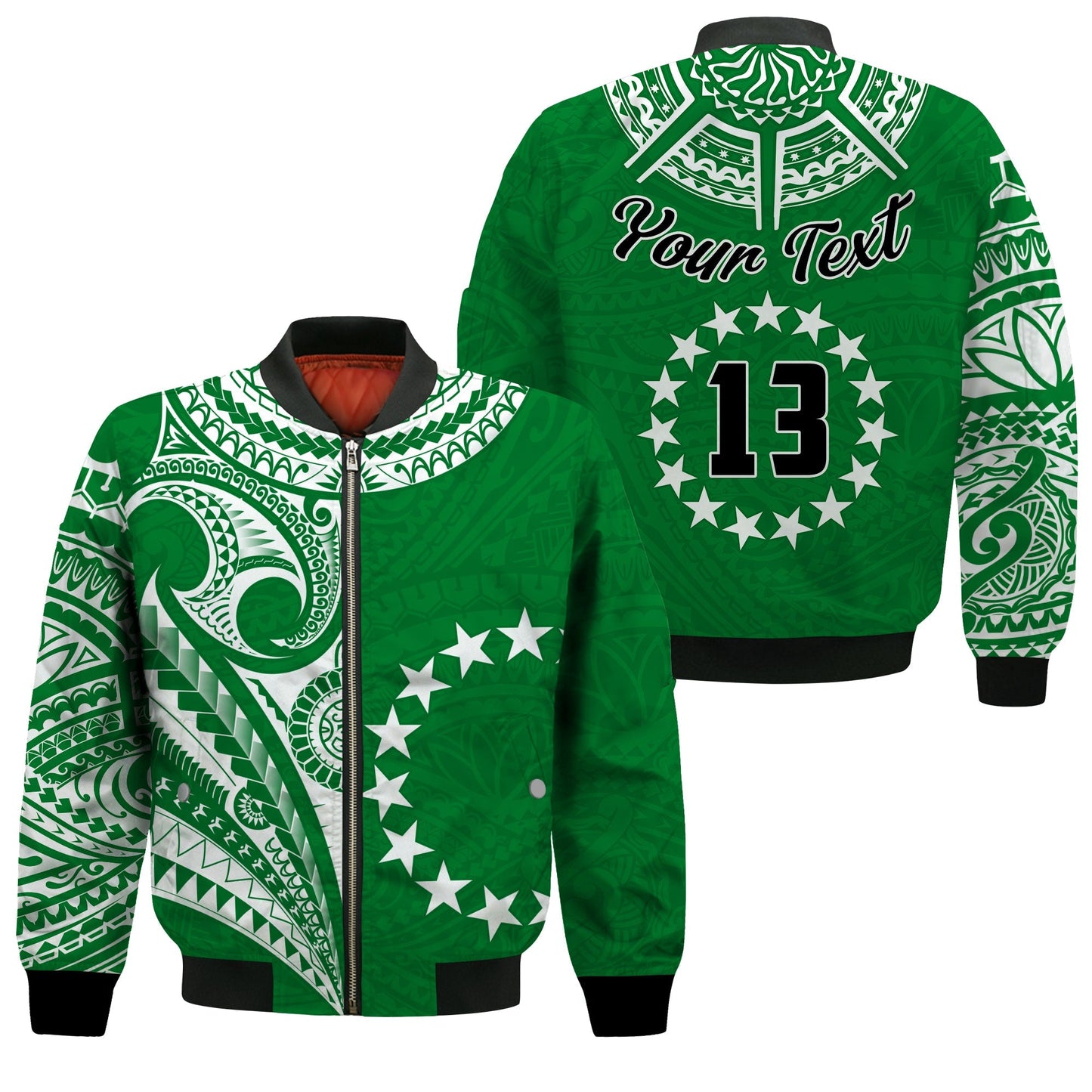 (Custom Text and Number) Cook Islands Tatau Bomber Jacket Symbolize Passion Stars Version Green