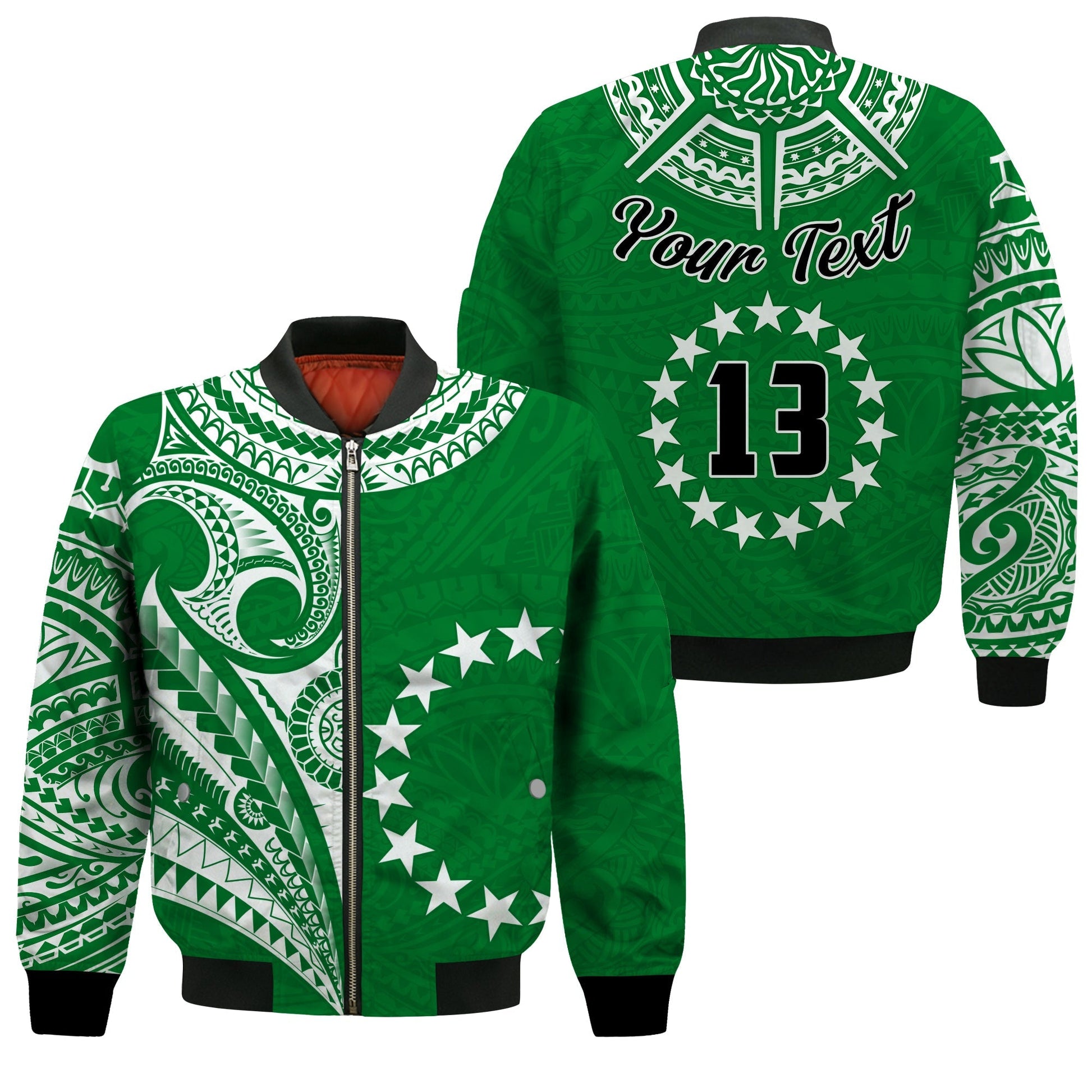 (Custom Text and Number) Cook Islands Tatau Bomber Jacket Symbolize Passion Stars Version Green