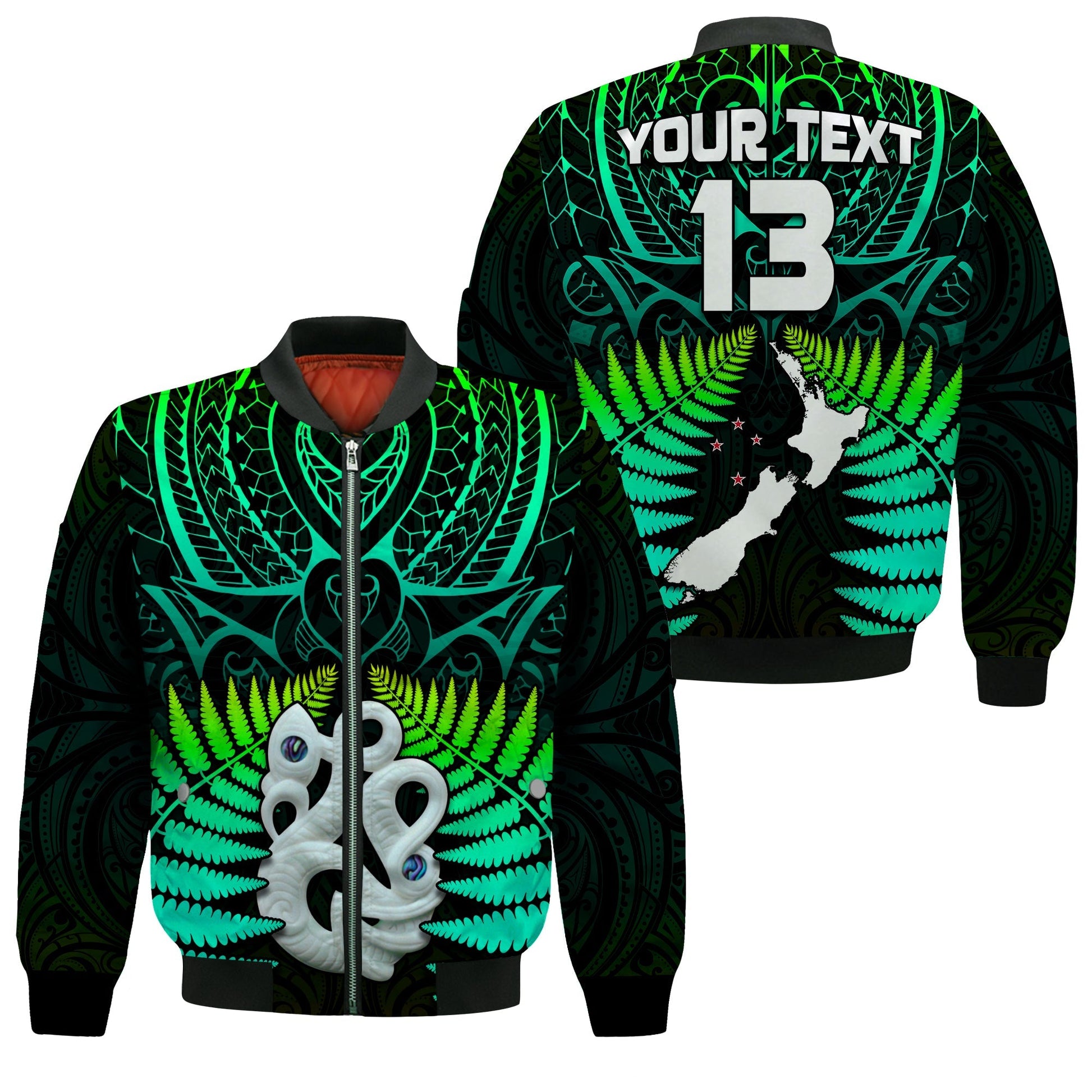 (Custom Text and Number) Aotearoa Fern Bomber Jacket New Zealand Hei Tiki Green Style